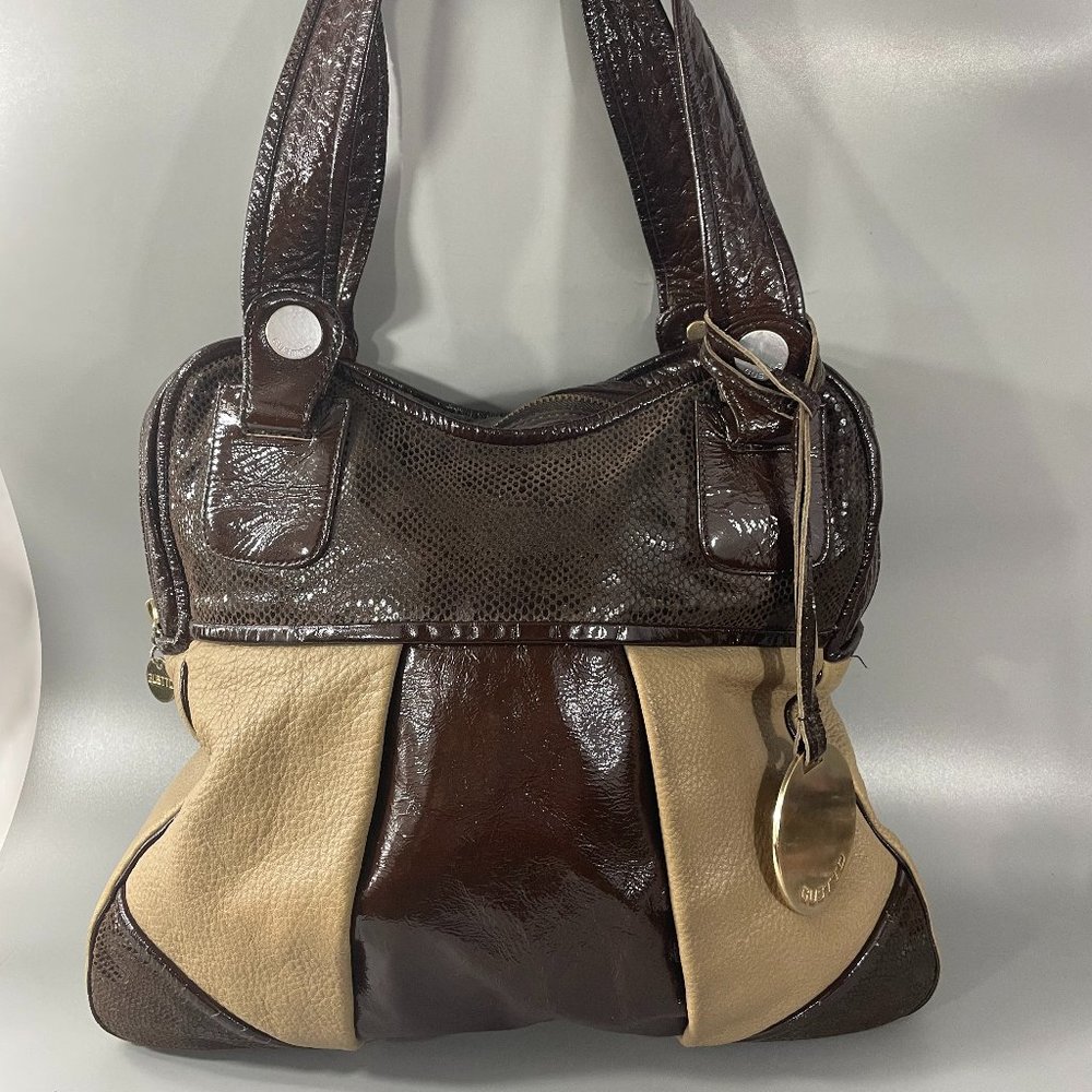 GUSTTO TAN LEATHER BROWN PATENT LEATHER TOTE PURSE W/EMBOSSED SNAKESKIN